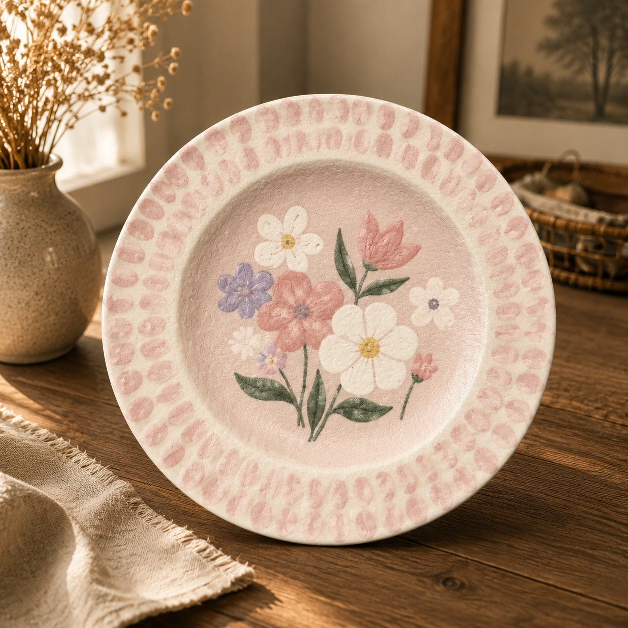 French Floral Embossed Ceramic Dinner Plate | Vintage Botanical Dessert Plate