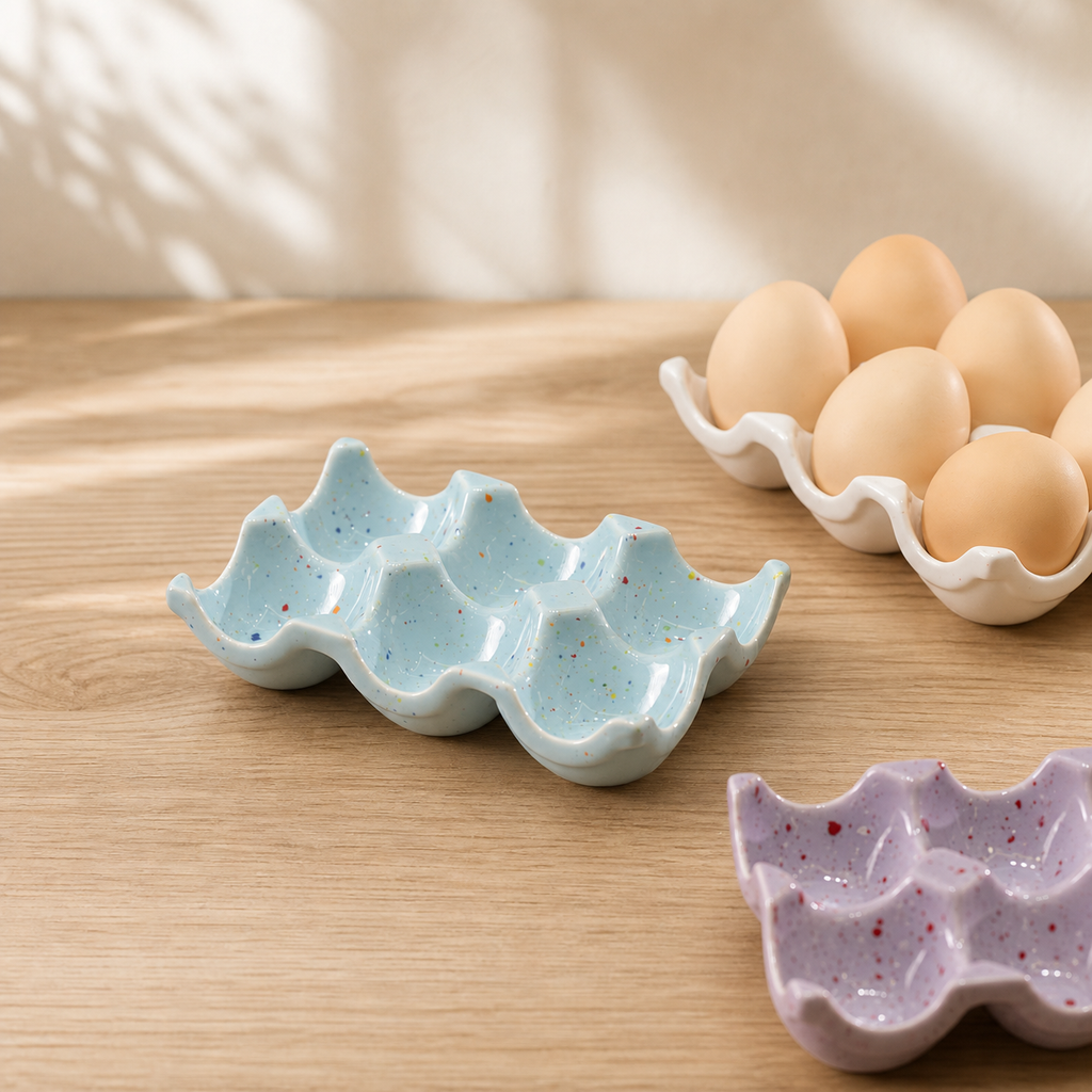 Ceramic Egg Holder Tray, 6-Cup Speckled Egg Storage Dish, Decorative Kitchen Counter Egg Organizer