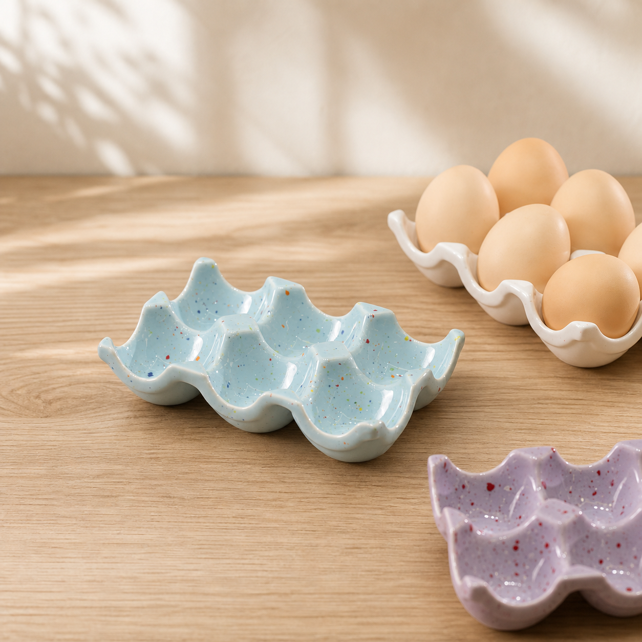 Ceramic Egg Holder Tray, 6-Cup Speckled Egg Storage Dish, Decorative Kitchen Counter Egg Organizer