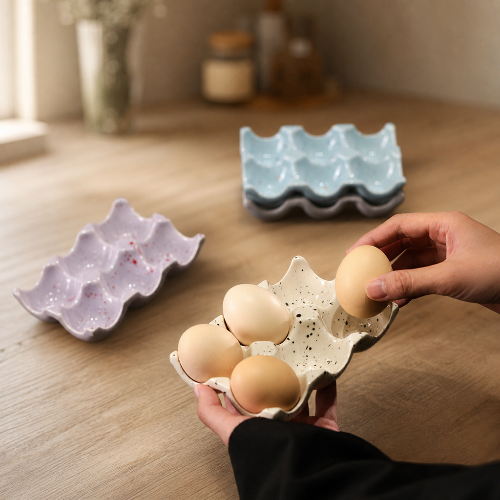 Ceramic Egg Holder Tray, 6-Cup Speckled Egg Storage Dish, Decorative Kitchen Counter Egg Organizer