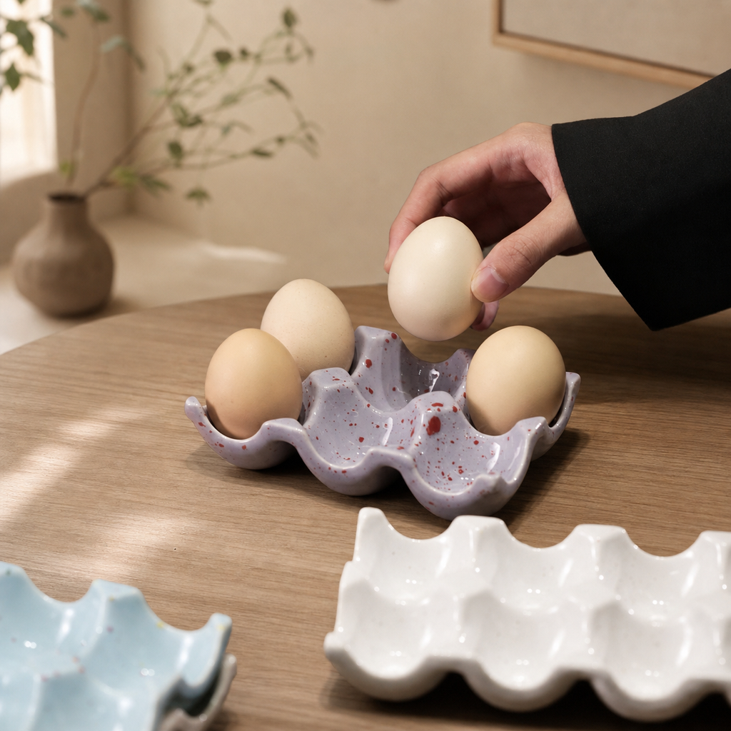 Ceramic Egg Holder Tray, 6-Cup Speckled Egg Storage Dish, Decorative Kitchen Counter Egg Organizer