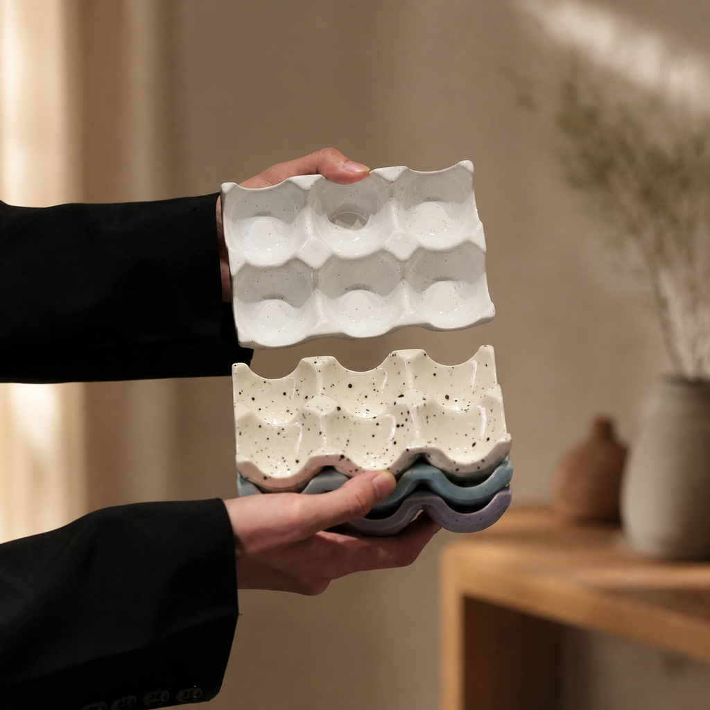 Ceramic Egg Holder Tray, 6-Cup Speckled Egg Storage Dish, Decorative Kitchen Counter Egg Organizer