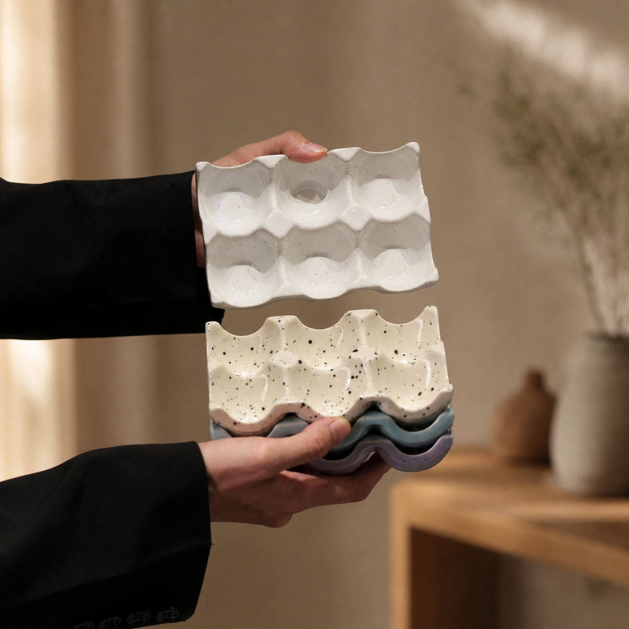 Ceramic Egg Holder Tray, 6-Cup Speckled Egg Storage Dish, Decorative Kitchen Counter Egg Organizer