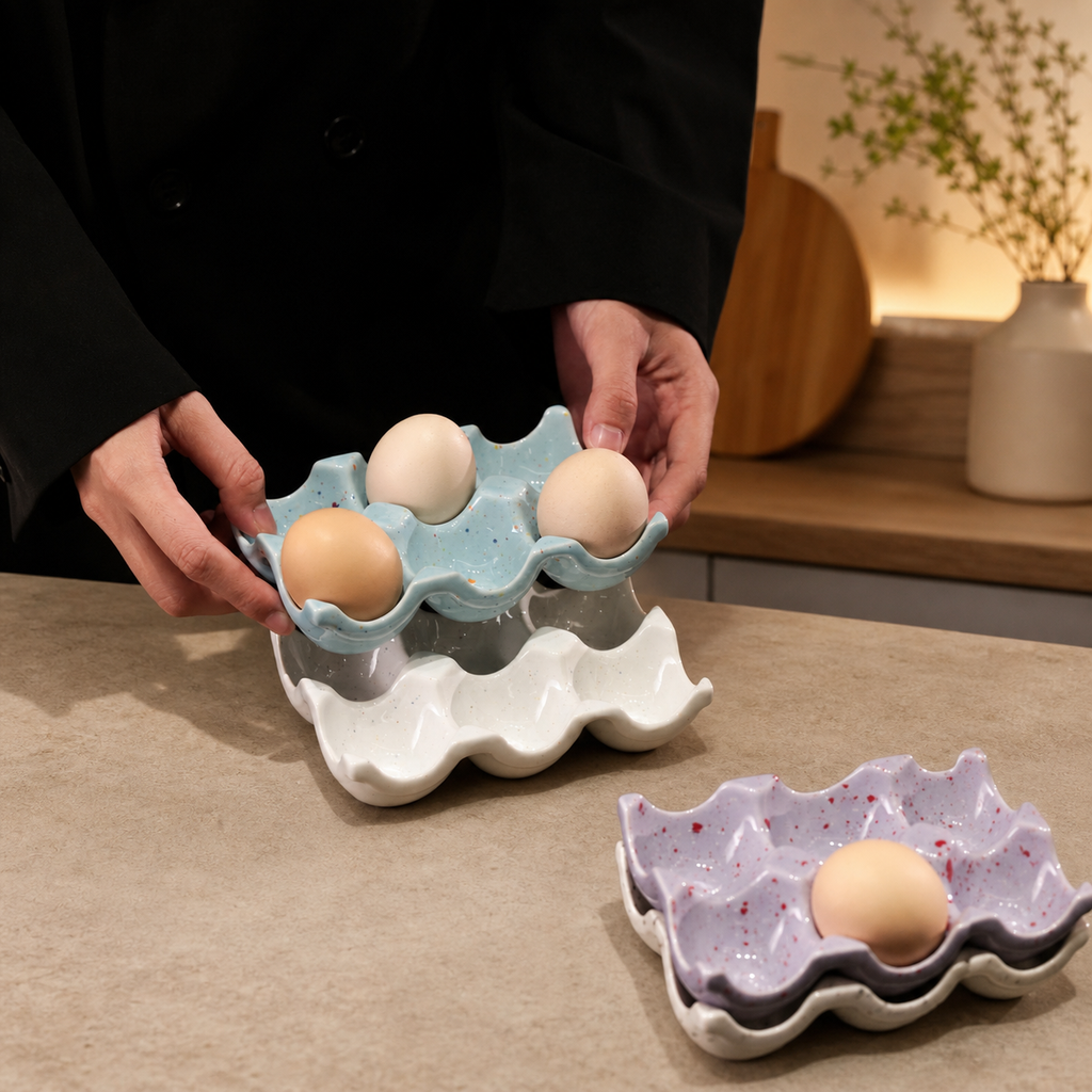 Ceramic Egg Holder Tray, 6-Cup Speckled Egg Storage Dish, Decorative Kitchen Counter Egg Organizer