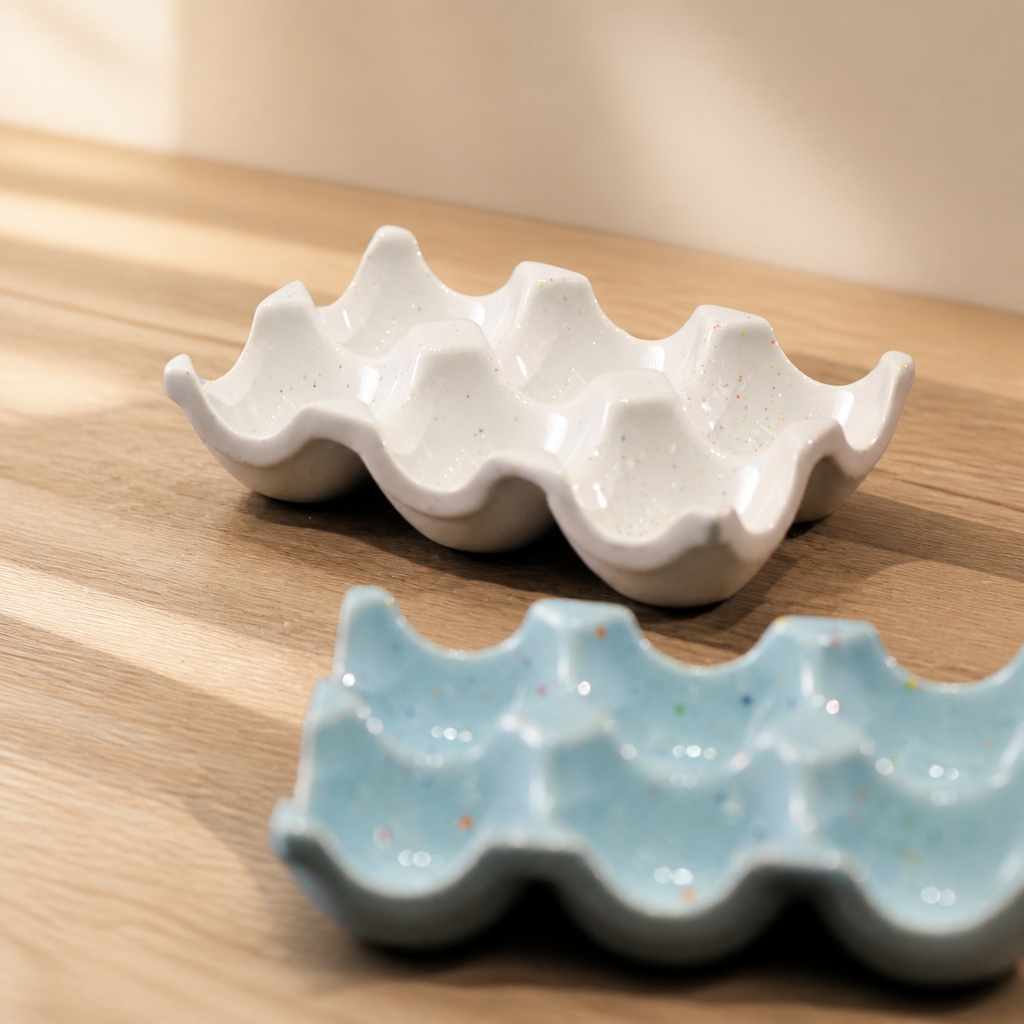 Ceramic Egg Holder Tray, 6-Cup Speckled Egg Storage Dish, Decorative Kitchen Counter Egg Organizer