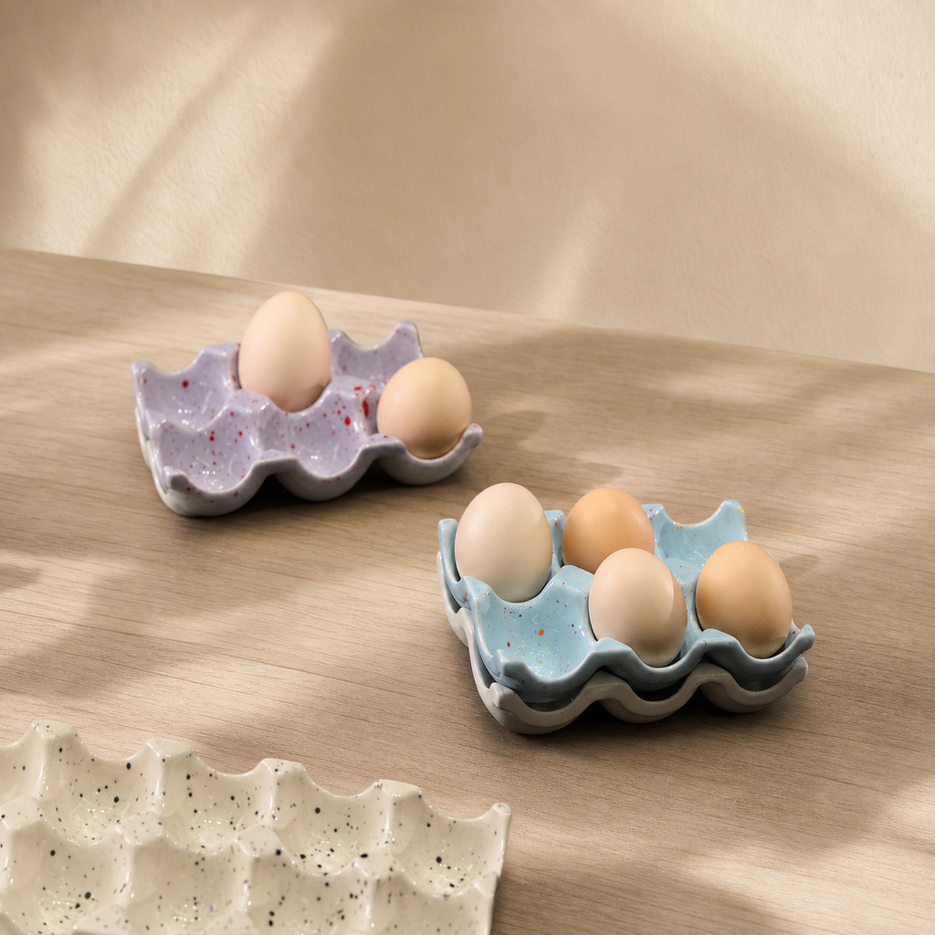 Ceramic Egg Holder Tray, 6-Cup Speckled Egg Storage Dish, Decorative Kitchen Counter Egg Organizer