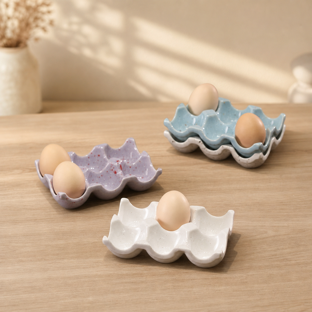 Ceramic Egg Holder Tray, 6-Cup Speckled Egg Storage Dish, Decorative Kitchen Counter Egg Organizer