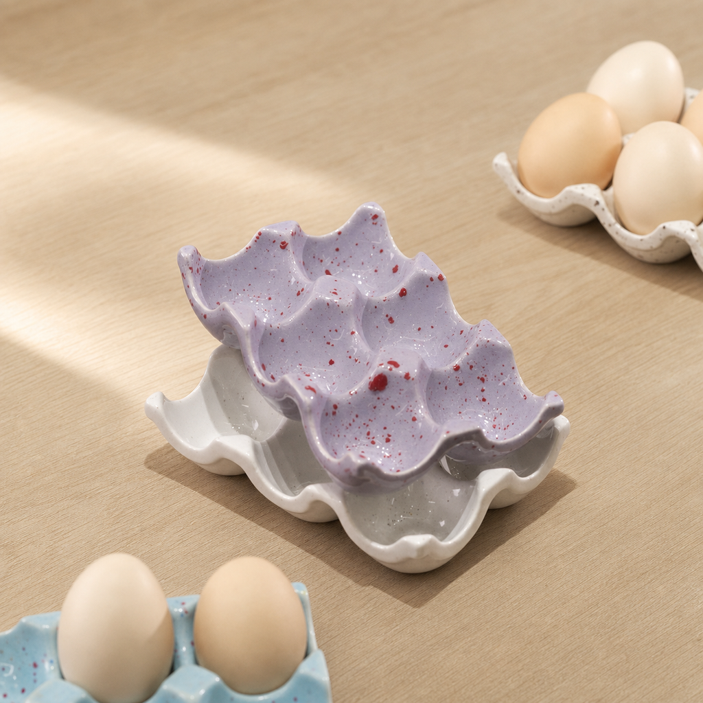 Ceramic Egg Holder Tray, 6-Cup Speckled Egg Storage Dish, Decorative Kitchen Counter Egg Organizer