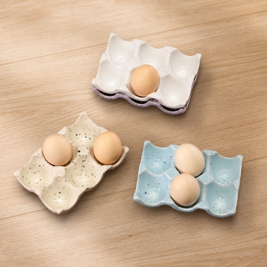 Ceramic Egg Holder Tray, 6-Cup Speckled Egg Storage Dish, Decorative Kitchen Counter Egg Organizer