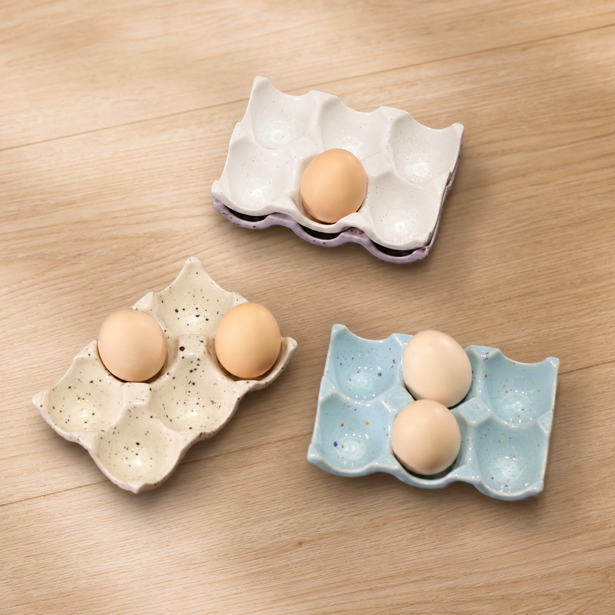 Ceramic Egg Holder Tray, 6-Cup Speckled Egg Storage Dish, Decorative Kitchen Counter Egg Organizer