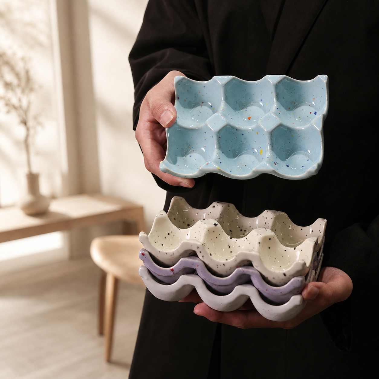 Ceramic Egg Holder Tray, 6-Cup Speckled Egg Storage Dish, Decorative Kitchen Counter Egg Organizer