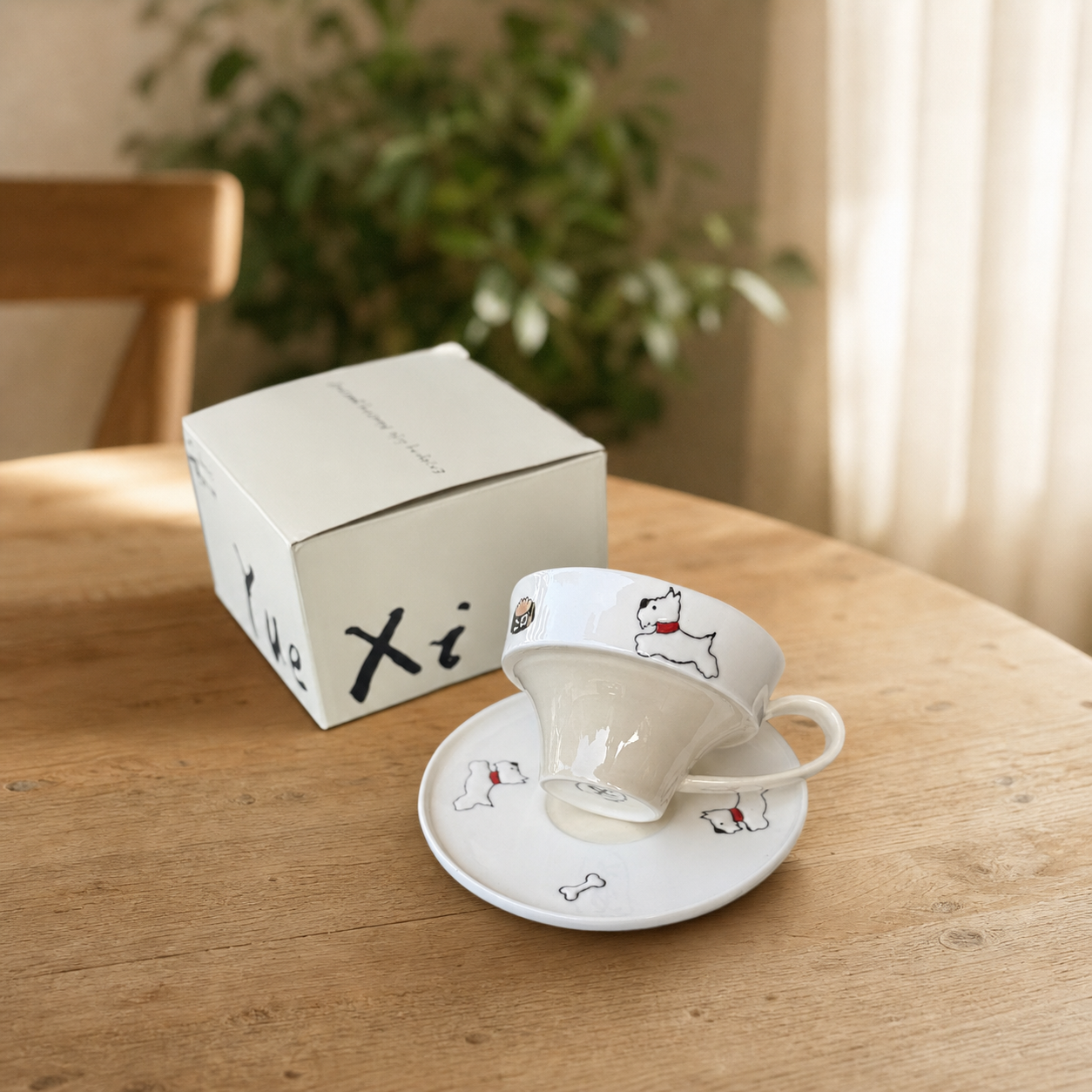 Cute Dog & Cat Ceramic Cup and Saucer Set, 250ml Illustrated Coffee Cup, Whimsical Tea Cup with Gift Box