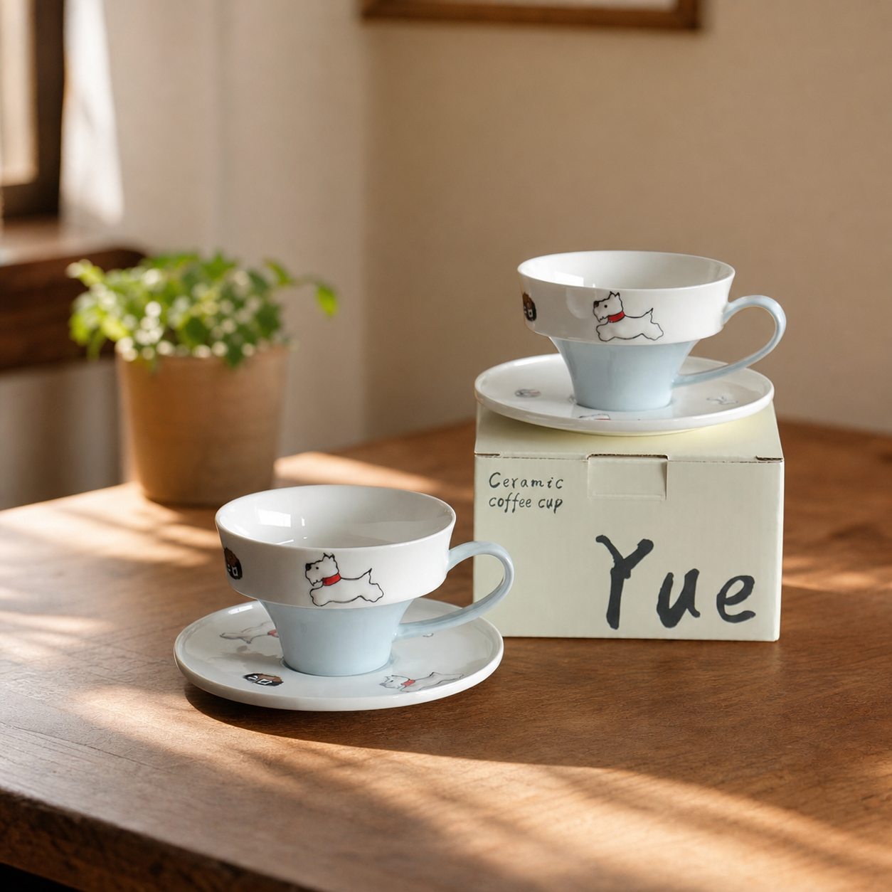 Cute Dog & Cat Ceramic Cup and Saucer Set, 250ml Illustrated Coffee Cup, Whimsical Tea Cup with Gift Box