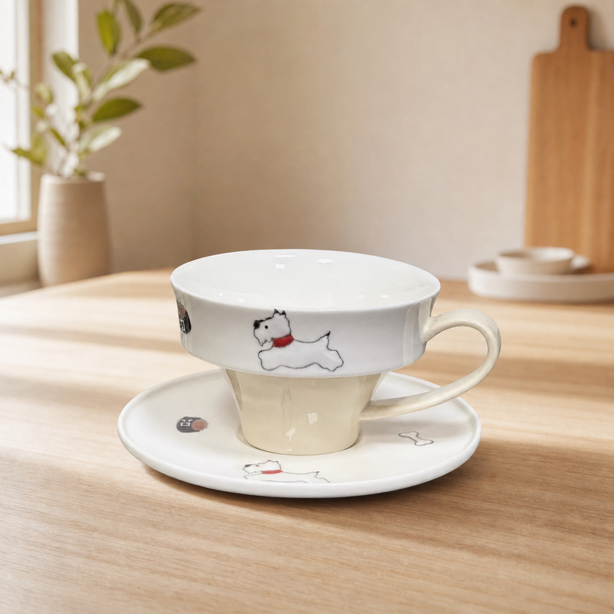 Cute Dog & Cat Ceramic Cup and Saucer Set, 250ml Illustrated Coffee Cup, Whimsical Tea Cup with Gift Box