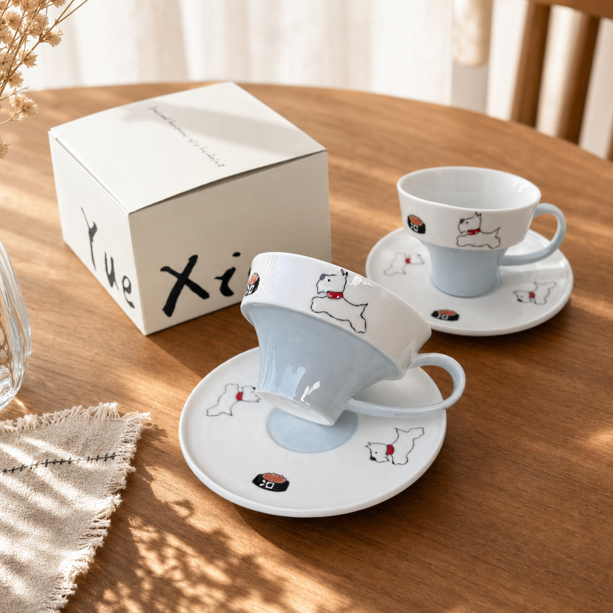 Cute Dog & Cat Ceramic Cup and Saucer Set, 250ml Illustrated Coffee Cup, Whimsical Tea Cup with Gift Box