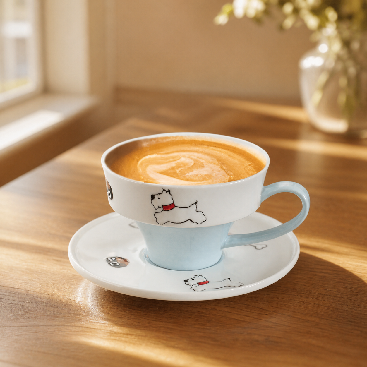 Cute Dog & Cat Ceramic Cup and Saucer Set, 250ml Illustrated Coffee Cup, Whimsical Tea Cup with Gift Box