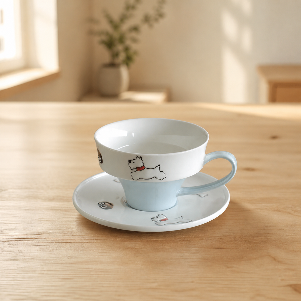 Cute Dog & Cat Ceramic Cup and Saucer Set, 250ml Illustrated Coffee Cup, Whimsical Tea Cup with Gift Box