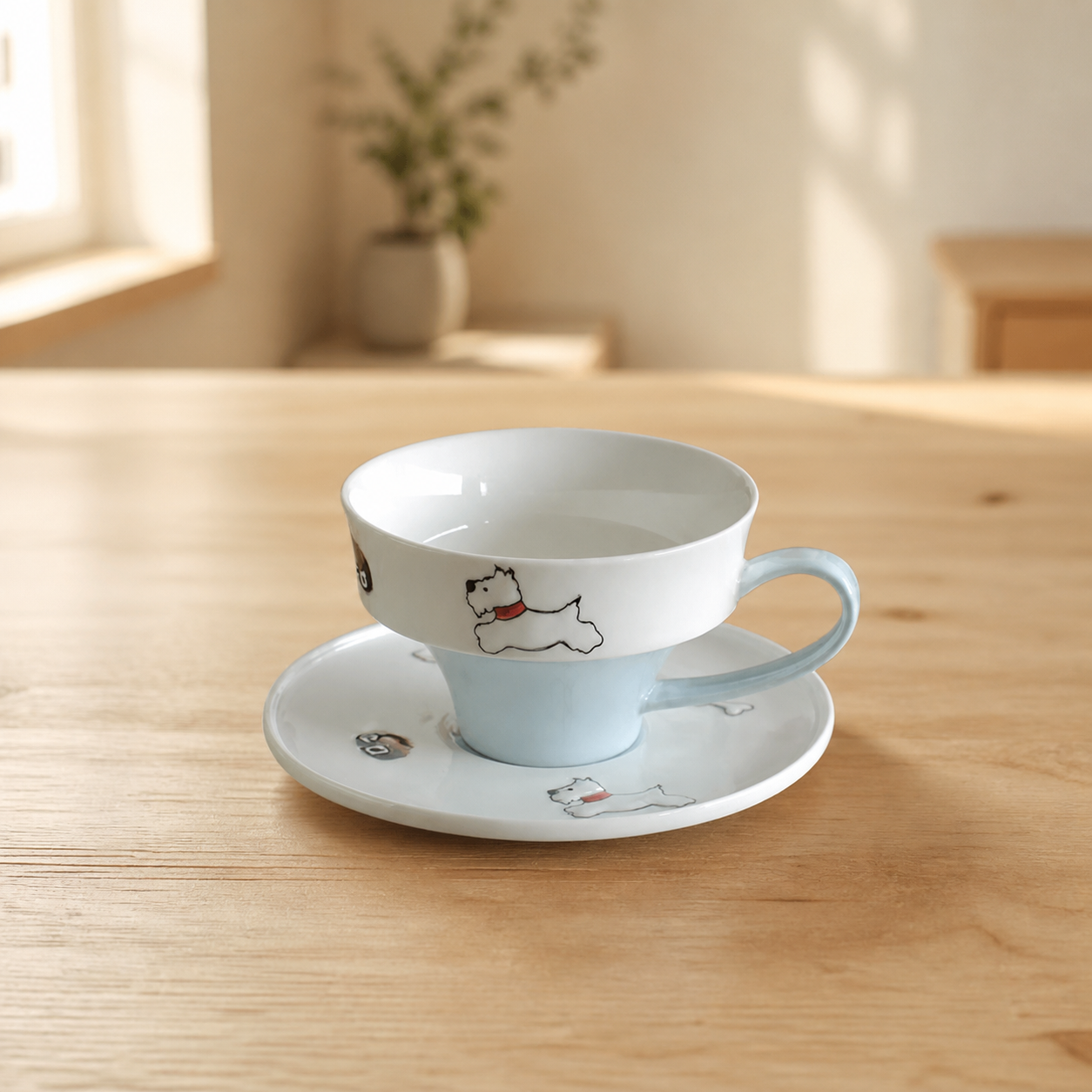 Cute Dog & Cat Ceramic Cup and Saucer Set, 250ml Illustrated Coffee Cup, Whimsical Tea Cup with Gift Box
