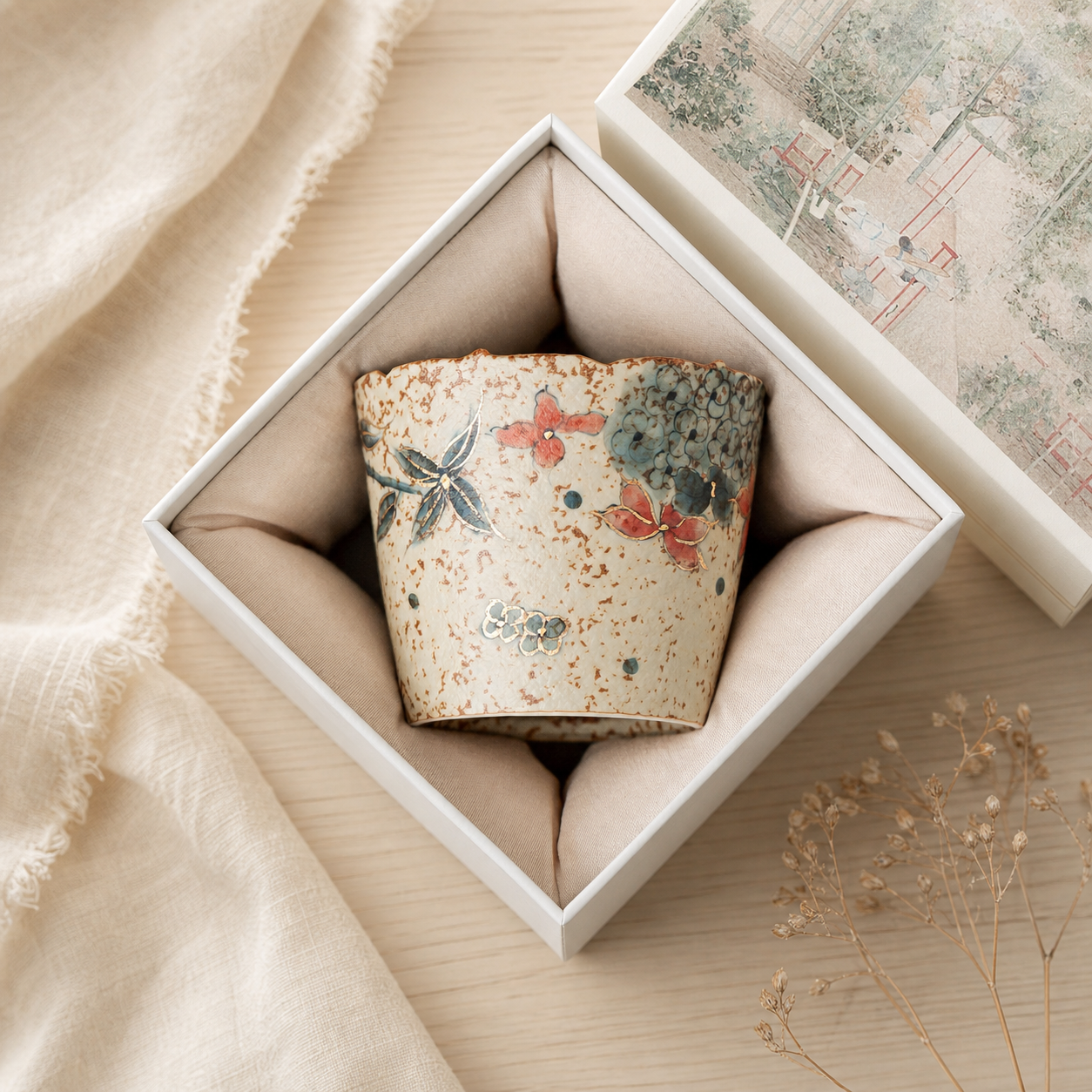 Japanese Floral Ceramic Tea Cup, 203ml Hand Painted Style Coffee Cup, Vintage Blue Red Blossom Mug
