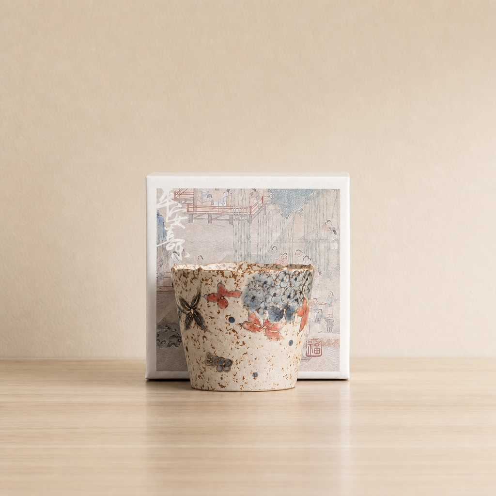 Japanese Floral Ceramic Tea Cup, 203ml Hand Painted Style Coffee Cup, Vintage Blue Red Blossom Mug