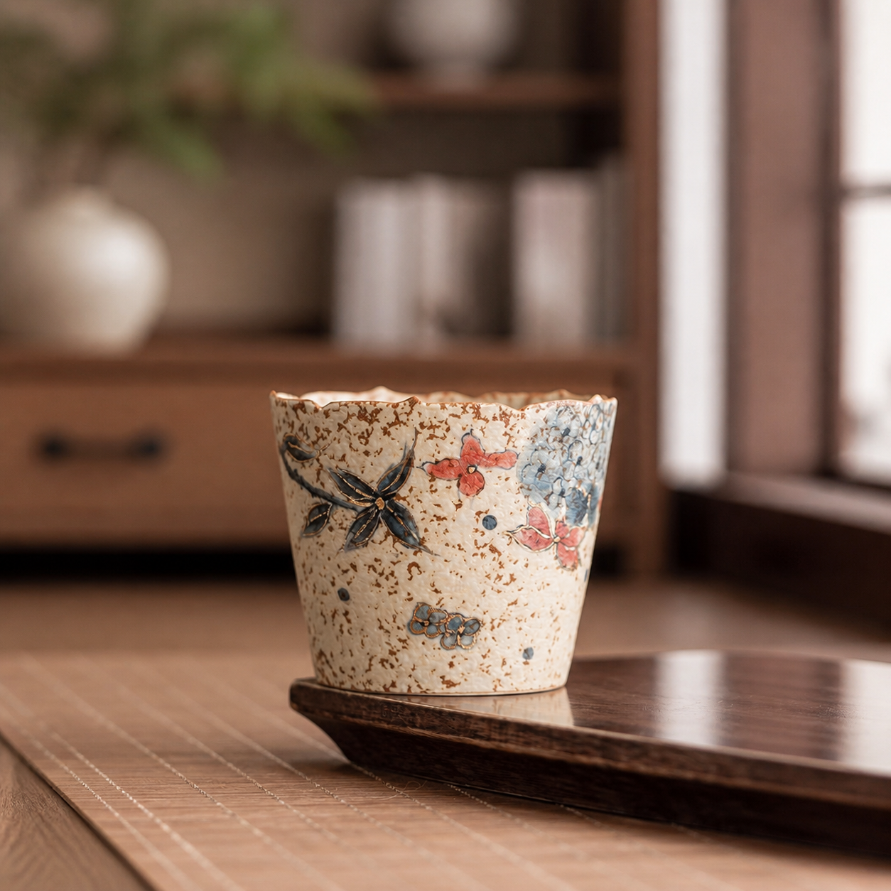 Japanese Floral Ceramic Tea Cup, 203ml Hand Painted Style Coffee Cup, Vintage Blue Red Blossom Mug