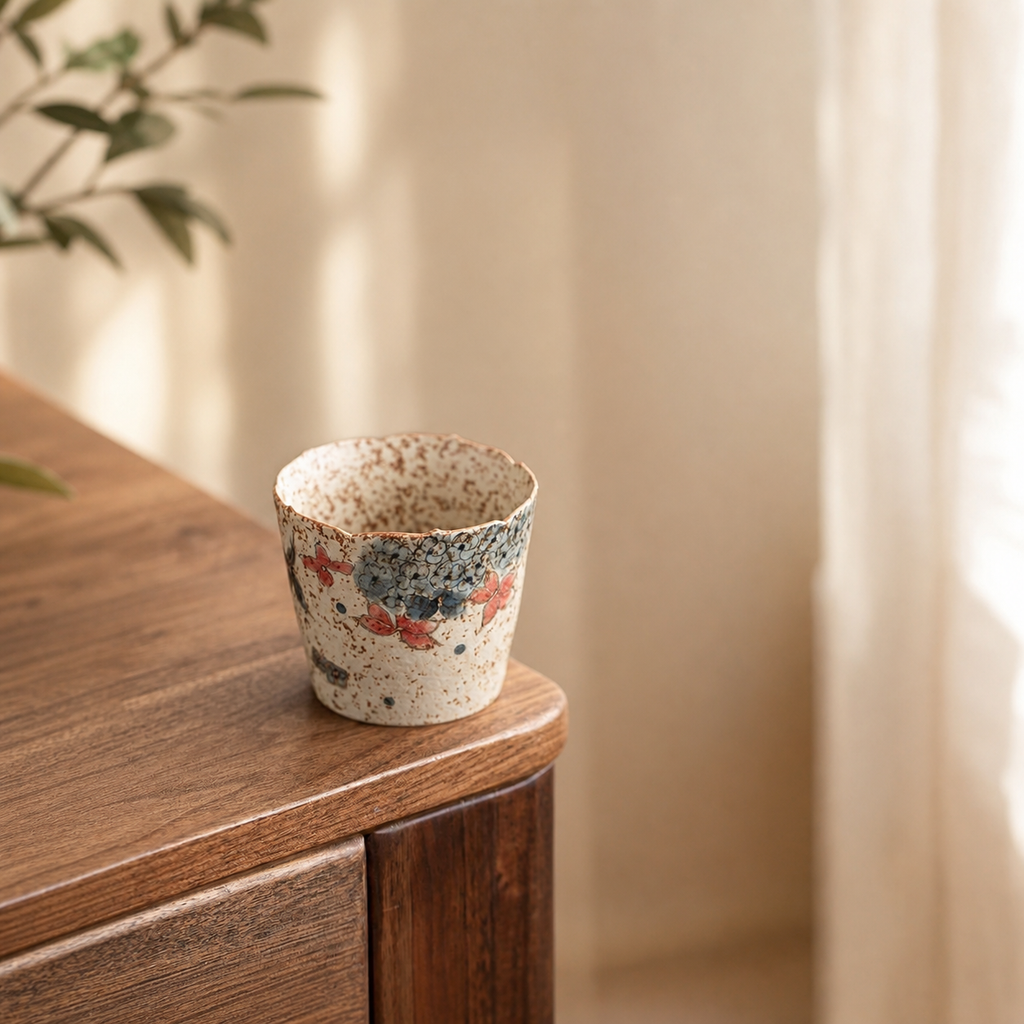 Japanese Floral Ceramic Tea Cup, 203ml Hand Painted Style Coffee Cup, Vintage Blue Red Blossom Mug