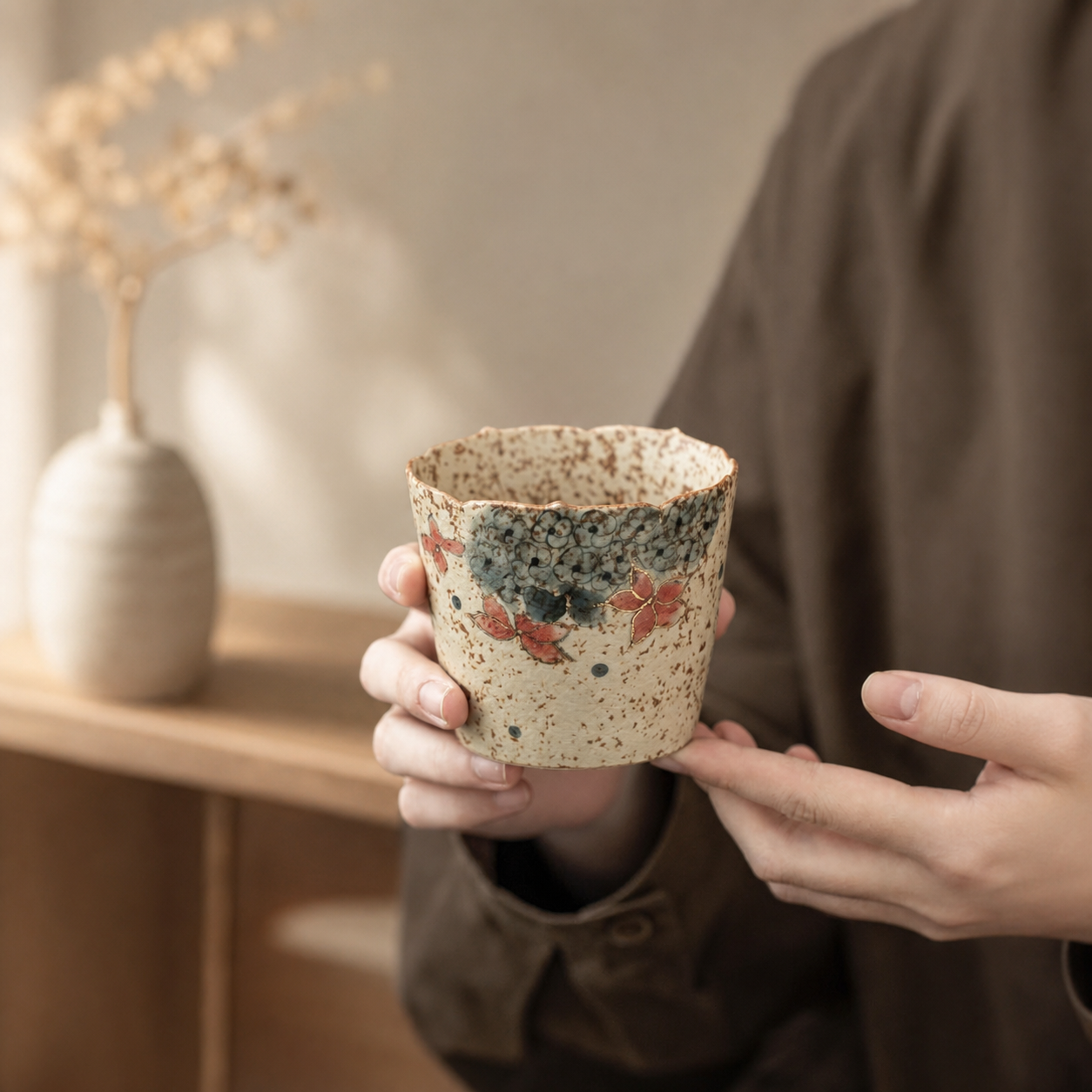 Japanese Floral Ceramic Tea Cup, 203ml Hand Painted Style Coffee Cup, Vintage Blue Red Blossom Mug
