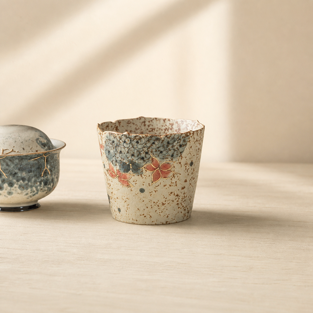 Japanese Floral Ceramic Tea Cup, 203ml Hand Painted Style Coffee Cup, Vintage Blue Red Blossom Mug