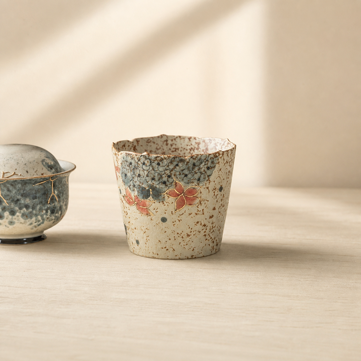 Japanese Floral Ceramic Tea Cup, 203ml Hand Painted Style Coffee Cup, Vintage Blue Red Blossom Mug