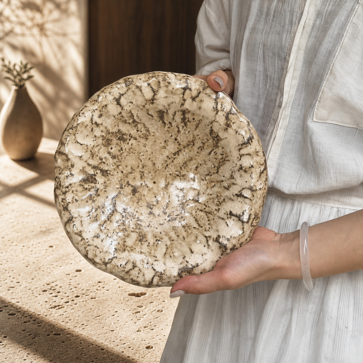 Japanese Rustic Ceramic Serving Plate, 8.5 Inch Stone Texture Dinner Plate, Wabi Sabi Decorative Tableware