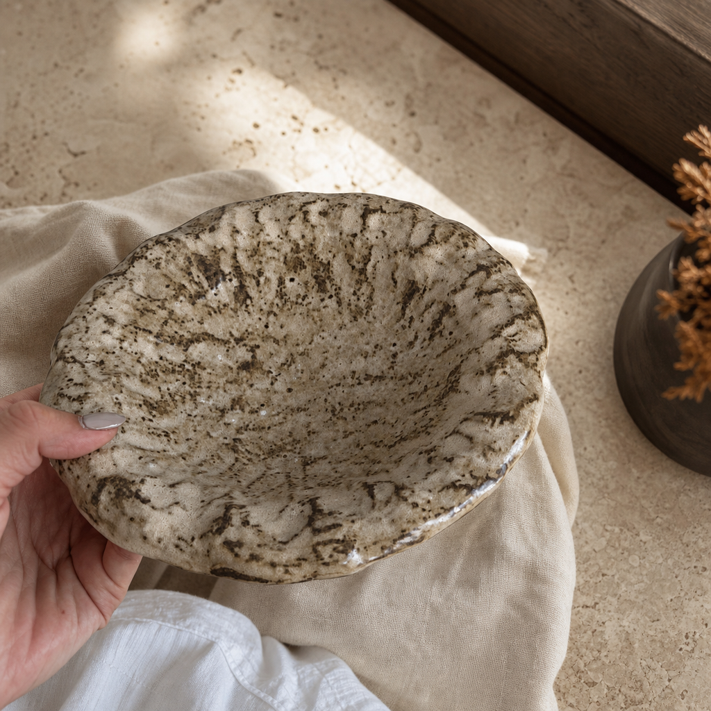 Japanese Rustic Ceramic Serving Plate, 8.5 Inch Stone Texture Dinner Plate, Wabi Sabi Decorative Tableware