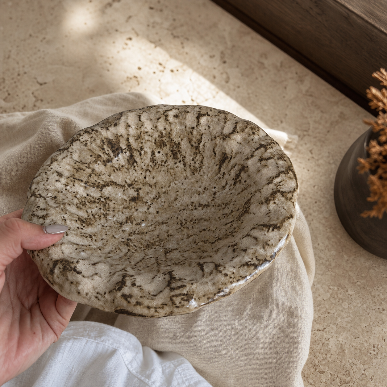 Japanese Rustic Ceramic Serving Plate, 8.5 Inch Stone Texture Dinner Plate, Wabi Sabi Decorative Tableware