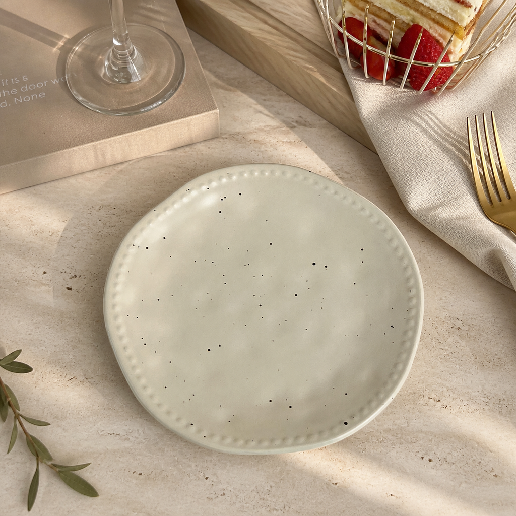 Wabi Sabi Ceramic Dinner Plate, 8 Inch Speckled Irregular Serving Plate, Japanese Minimalist Dessert & Salad Plate