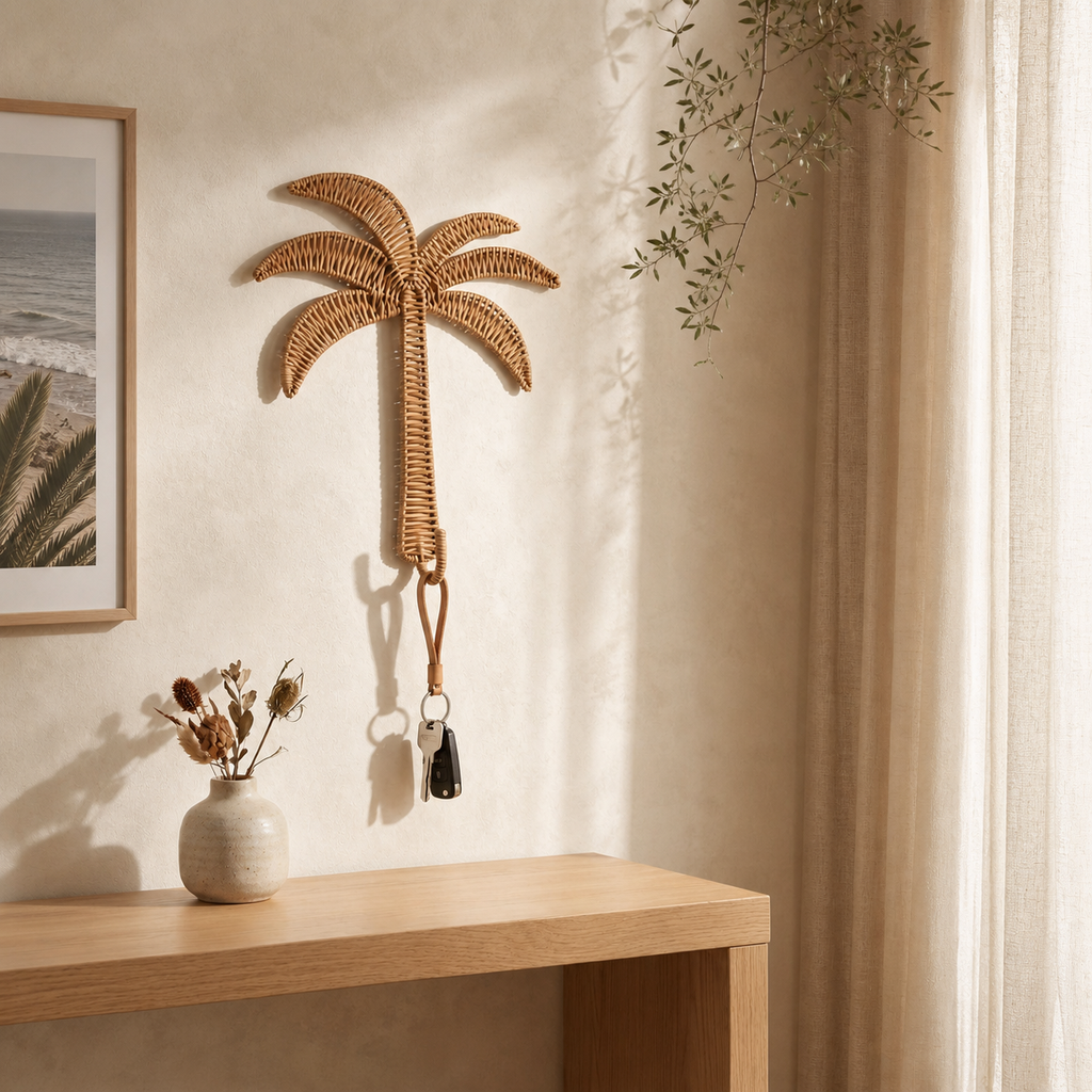 Rattan Palm Tree Wall Hook, Tropical Boho Woven Wall Decor, Decorative Entryway Hook for Bags & Accessories