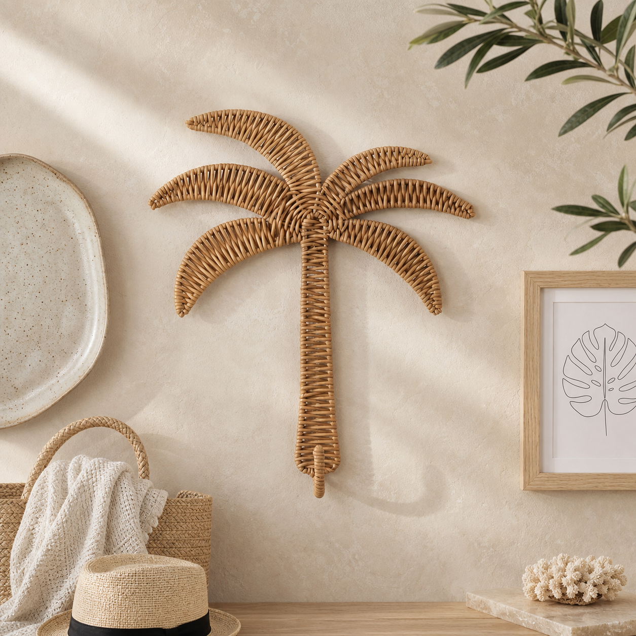 Rattan Palm Tree Wall Hook, Tropical Boho Woven Wall Decor, Decorative Entryway Hook for Bags & Accessories