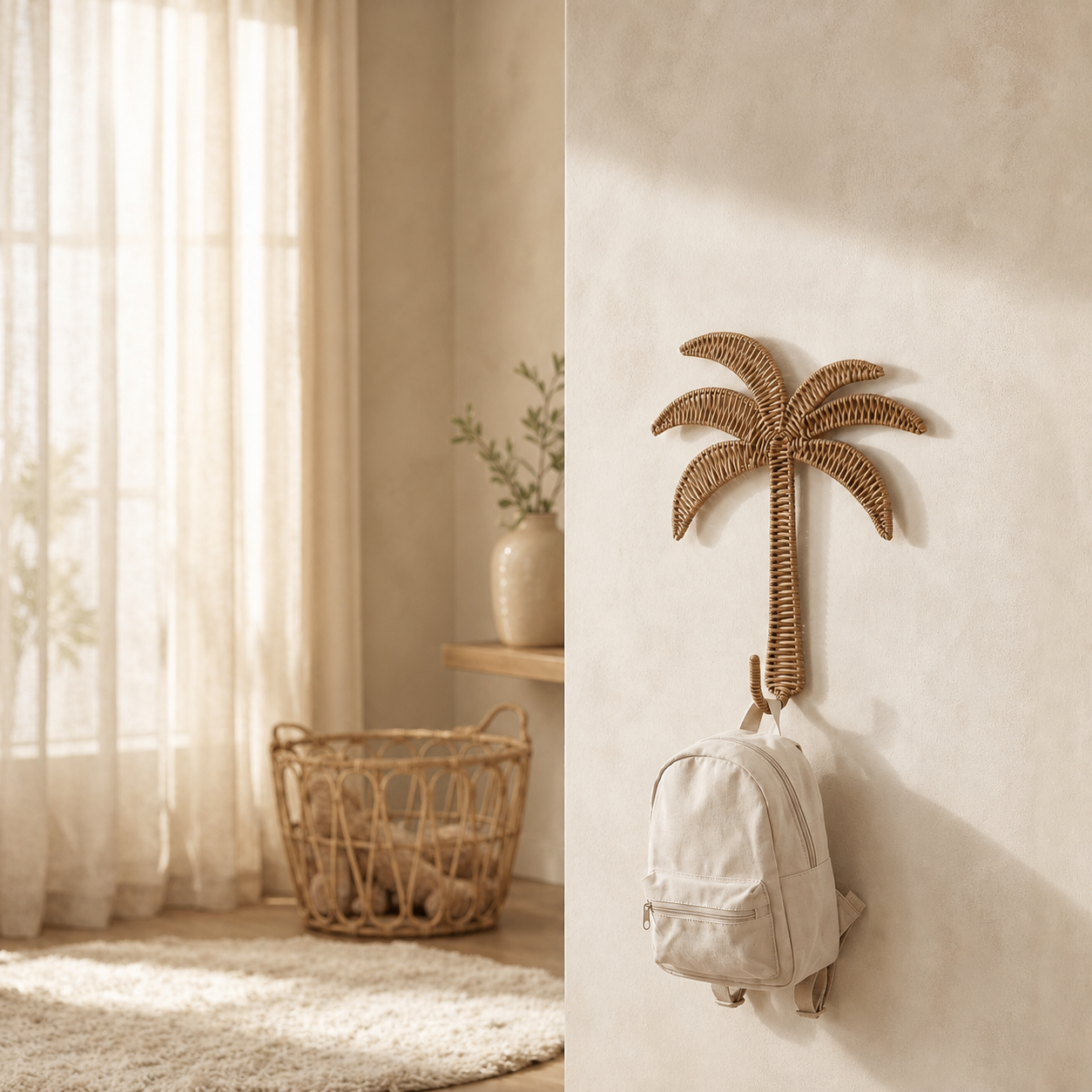 Rattan Palm Tree Wall Hook, Tropical Boho Woven Wall Decor, Decorative Entryway Hook for Bags & Accessories