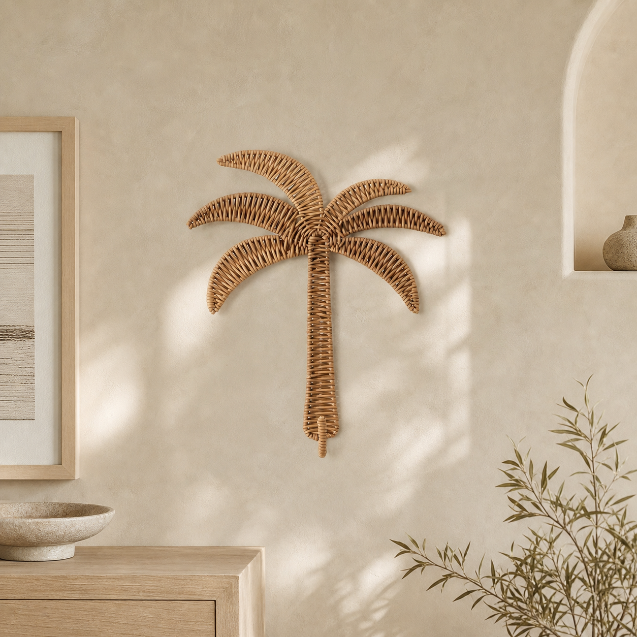 Rattan Palm Tree Wall Hook, Tropical Boho Woven Wall Decor, Decorative Entryway Hook for Bags & Accessories