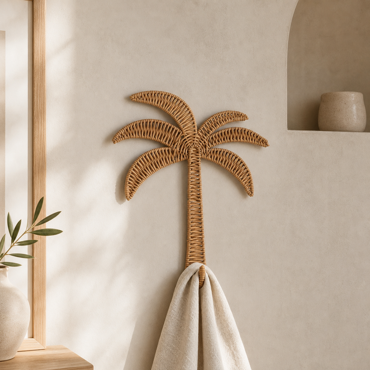 Rattan Palm Tree Wall Hook, Tropical Boho Woven Wall Decor, Decorative Entryway Hook for Bags & Accessories