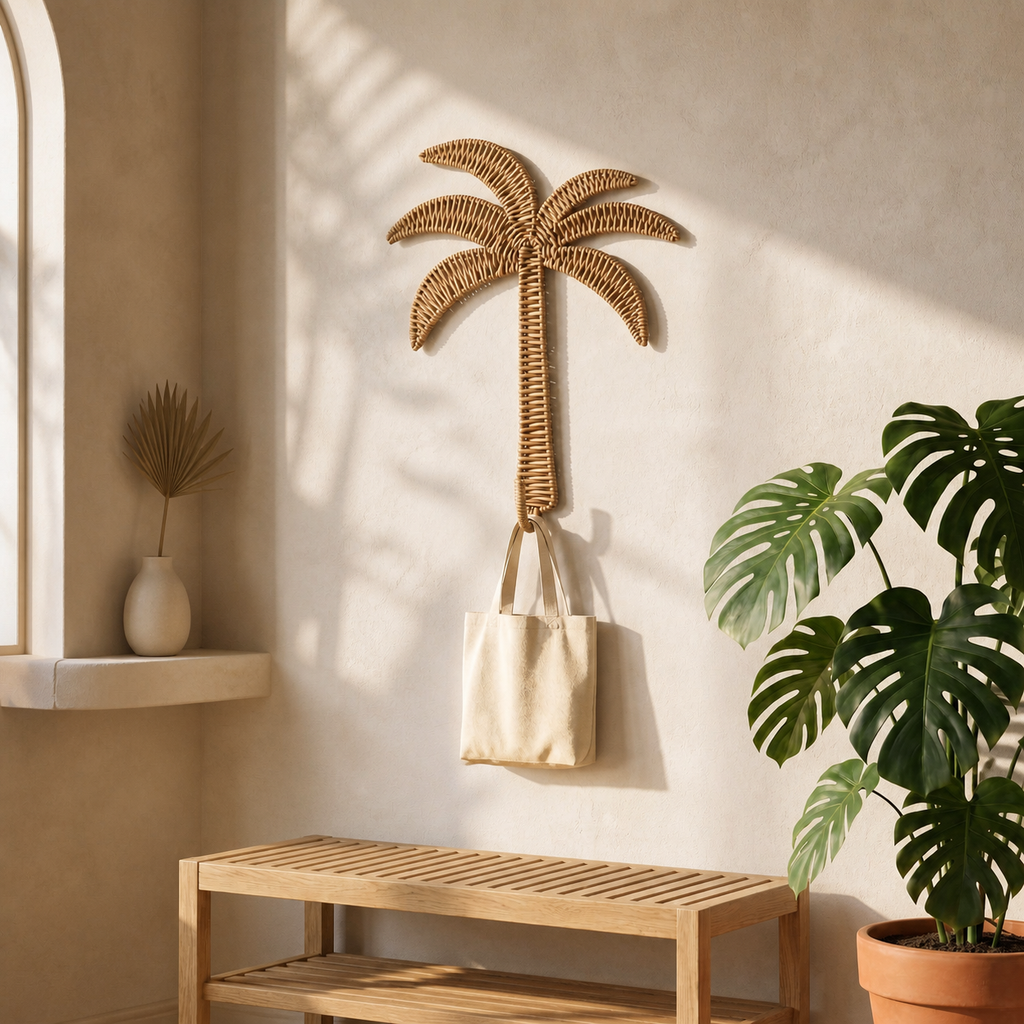 Rattan Palm Tree Wall Hook, Tropical Boho Woven Wall Decor, Decorative Entryway Hook for Bags & Accessories