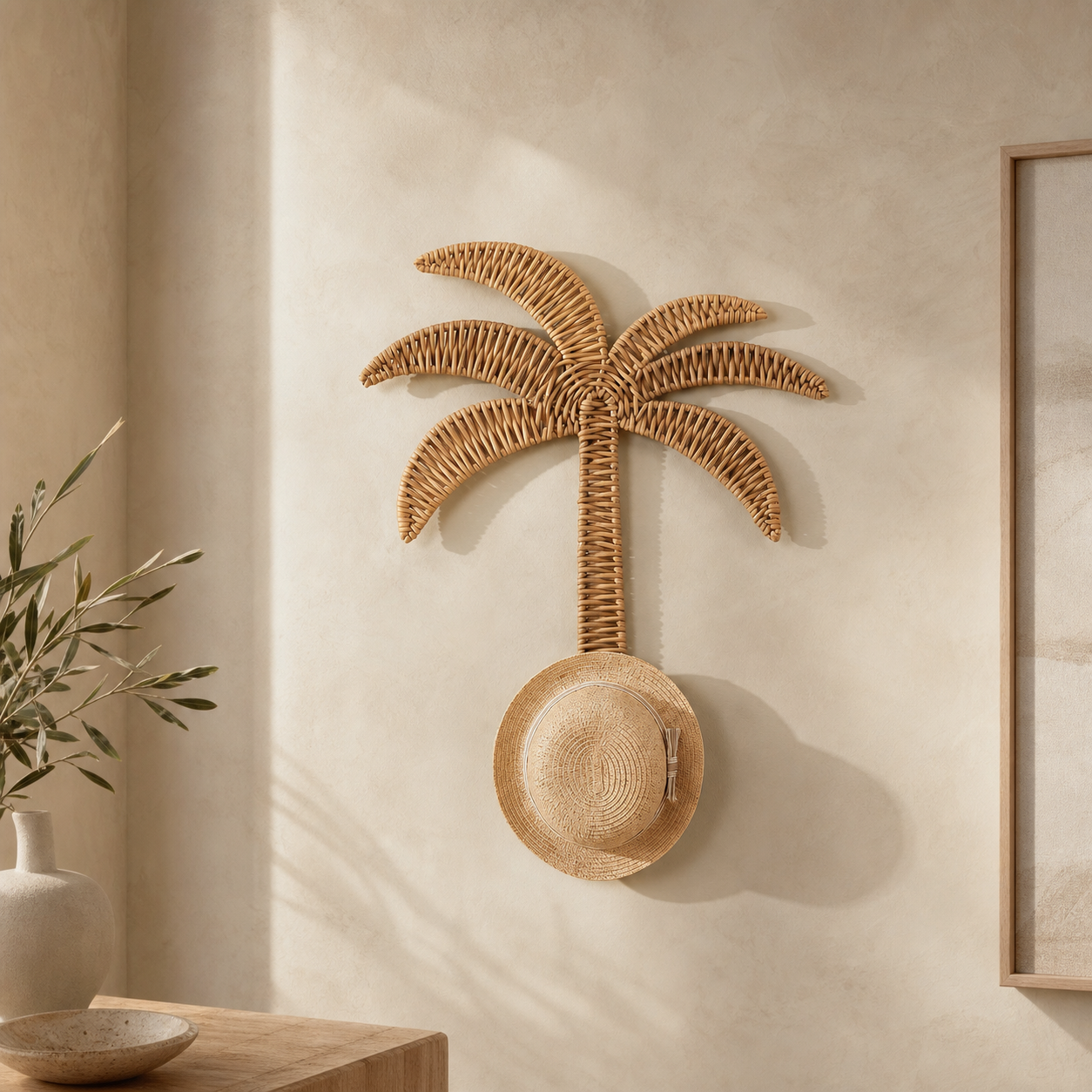 Rattan Palm Tree Wall Hook, Tropical Boho Woven Wall Decor, Decorative Entryway Hook for Bags & Accessories