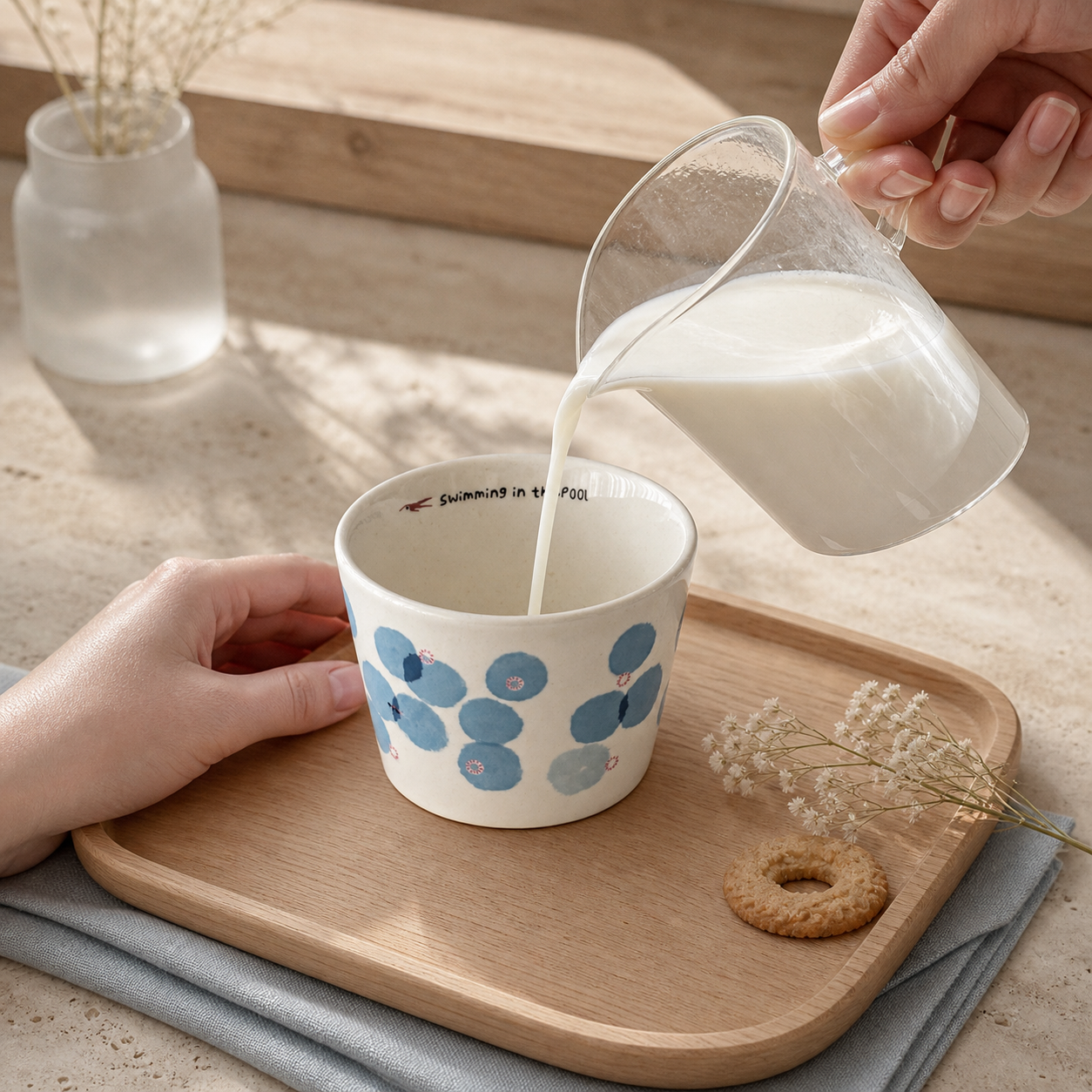 Blue Floral Ceramic Cup, 210ml Japanese Style Handleless Coffee Mug, Minimalist Tea Cup for Latte & Milk