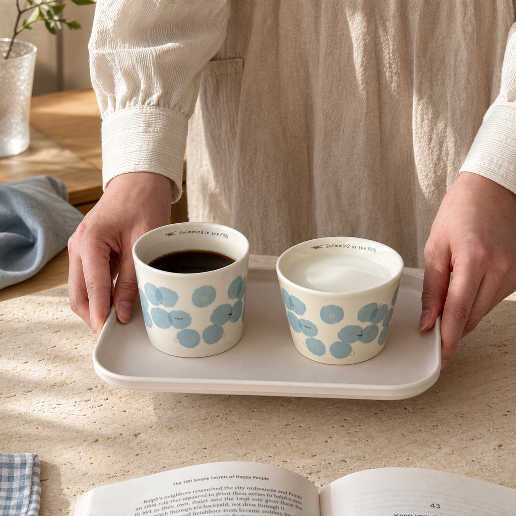 Blue Floral Ceramic Cup, 210ml Japanese Style Handleless Coffee Mug, Minimalist Tea Cup for Latte & Milk