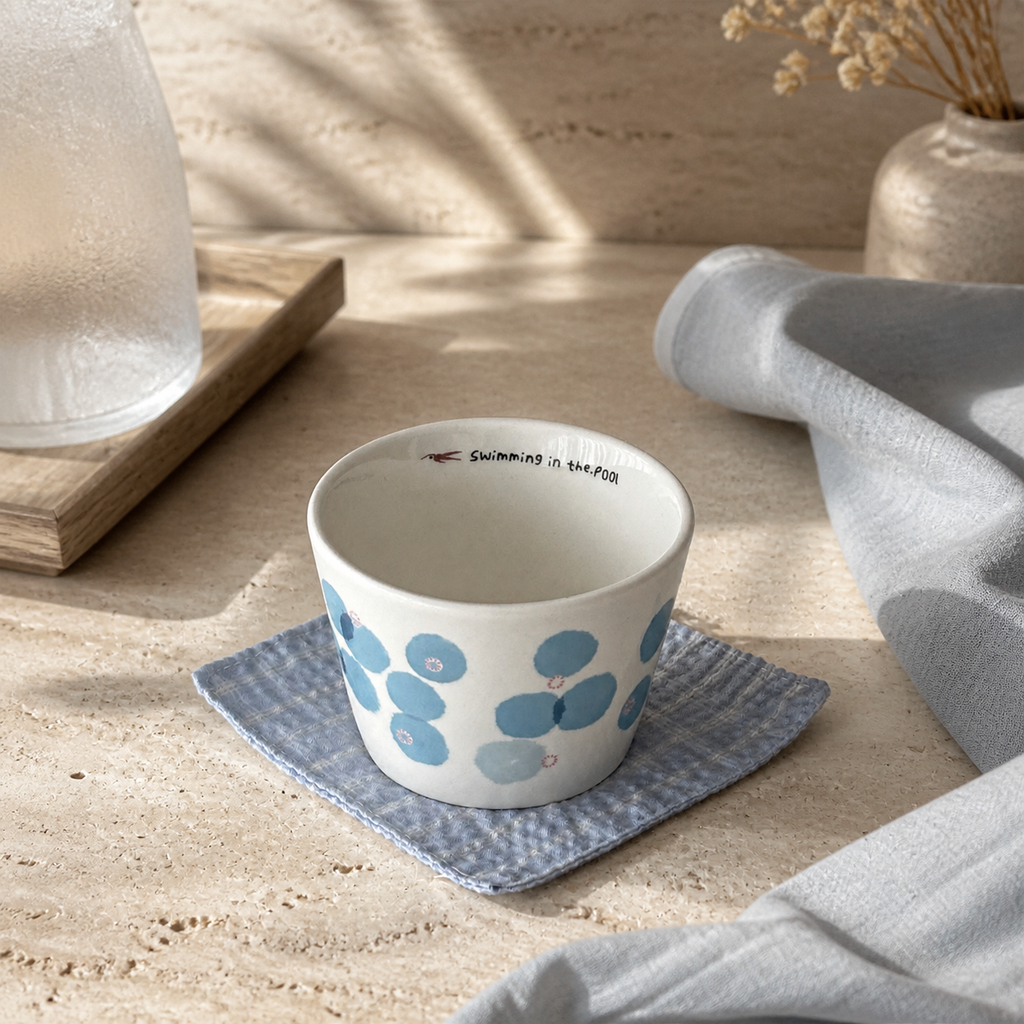 Blue Floral Ceramic Cup, 210ml Japanese Style Handleless Coffee Mug, Minimalist Tea Cup for Latte & Milk