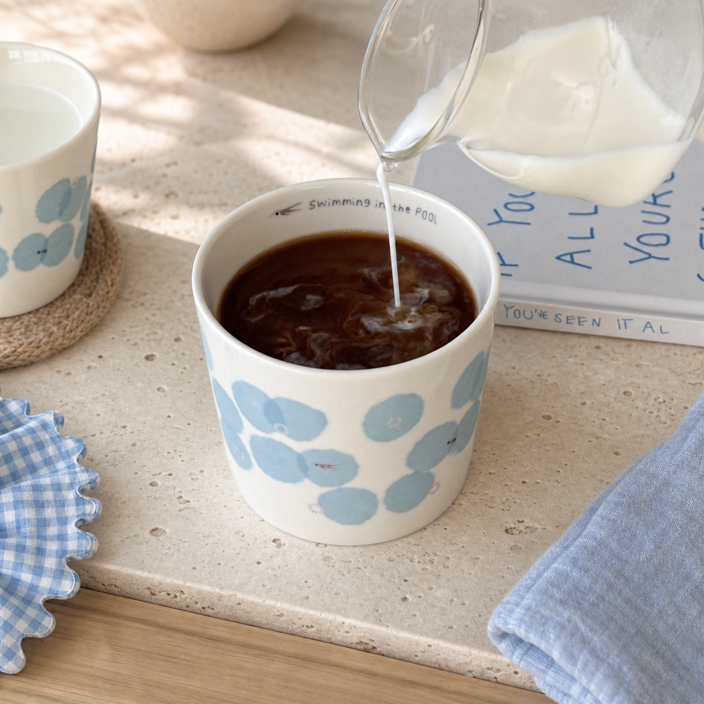 Blue Floral Ceramic Cup, 210ml Japanese Style Handleless Coffee Mug, Minimalist Tea Cup for Latte & Milk