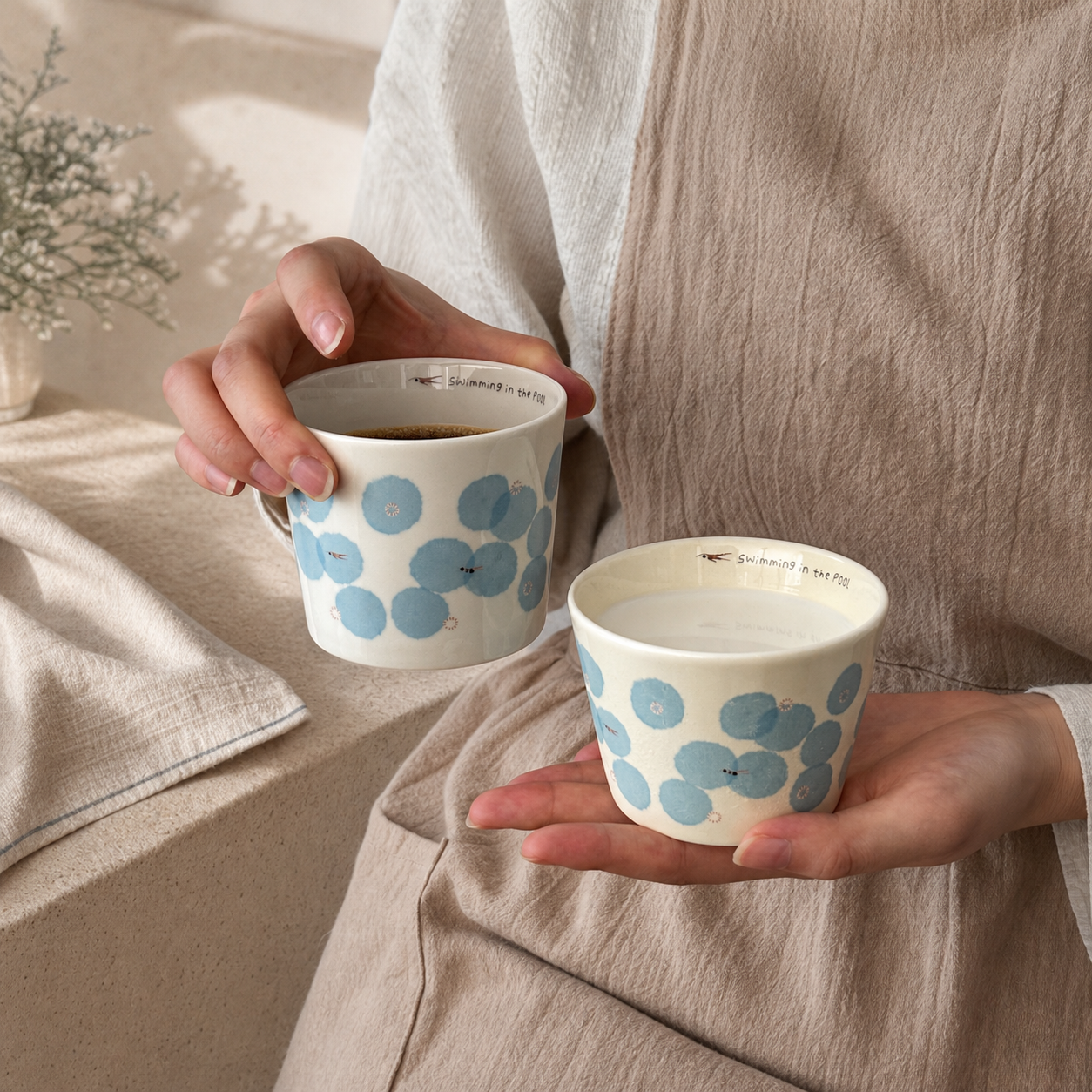 Blue Floral Ceramic Cup, 210ml Japanese Style Handleless Coffee Mug, Minimalist Tea Cup for Latte & Milk