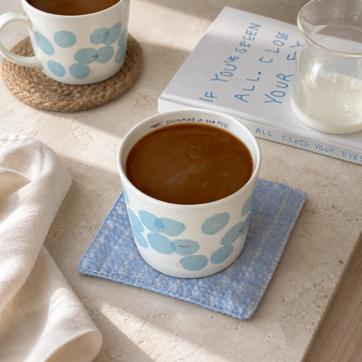 Blue Floral Ceramic Cup, 210ml Japanese Style Handleless Coffee Mug, Minimalist Tea Cup for Latte & Milk