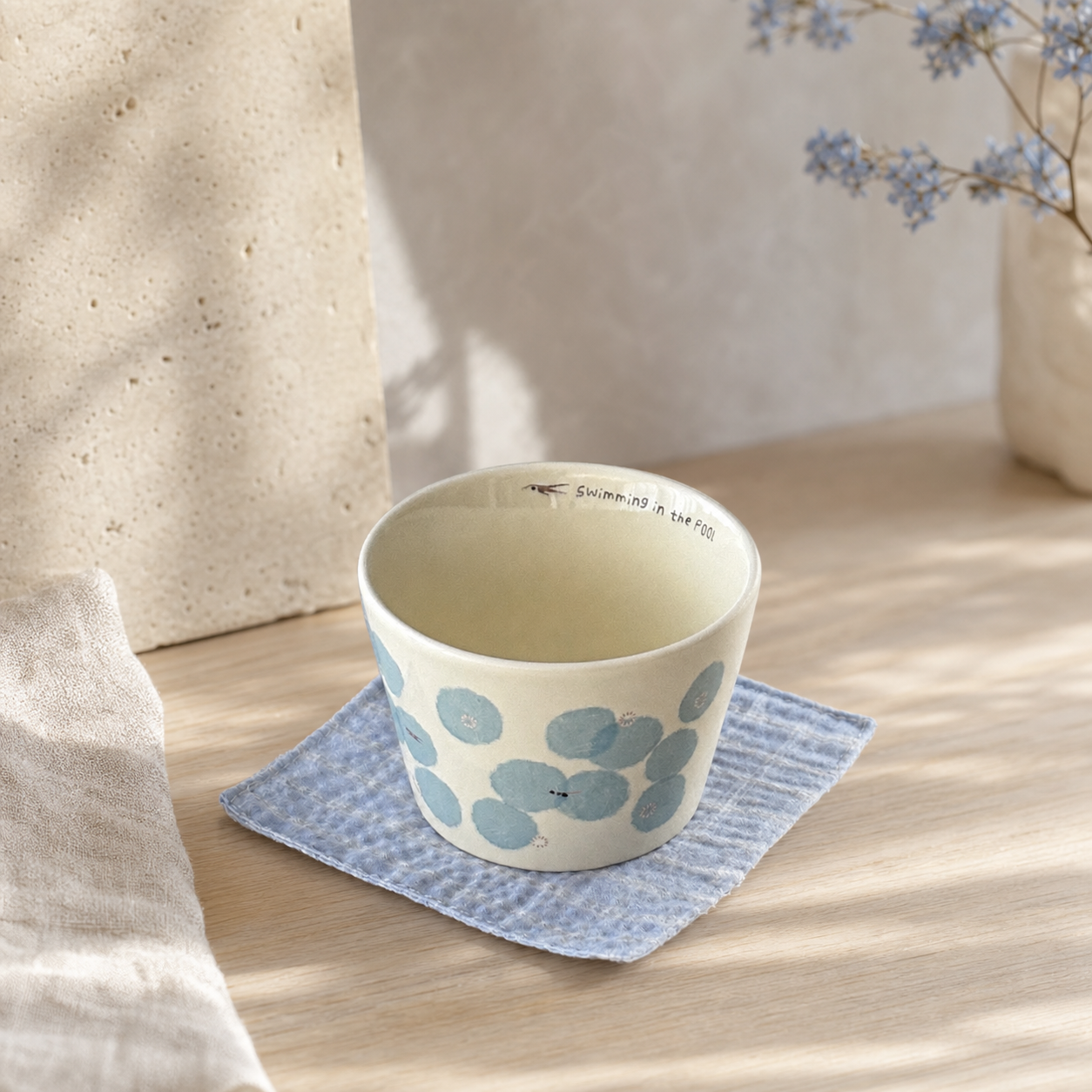 Blue Floral Ceramic Cup, 210ml Japanese Style Handleless Coffee Mug, Minimalist Tea Cup for Latte & Milk