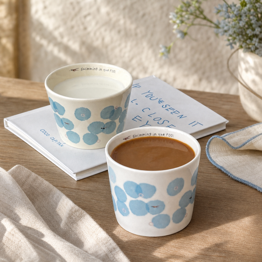 Blue Floral Ceramic Cup, 210ml Japanese Style Handleless Coffee Mug, Minimalist Tea Cup for Latte & Milk