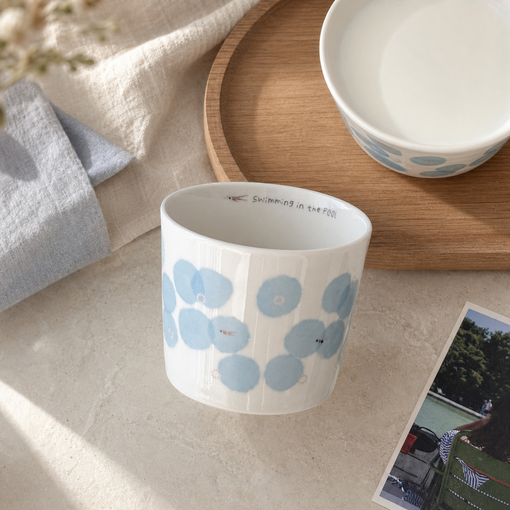 Blue Floral Ceramic Cup, 210ml Japanese Style Handleless Coffee Mug, Minimalist Tea Cup for Latte & Milk