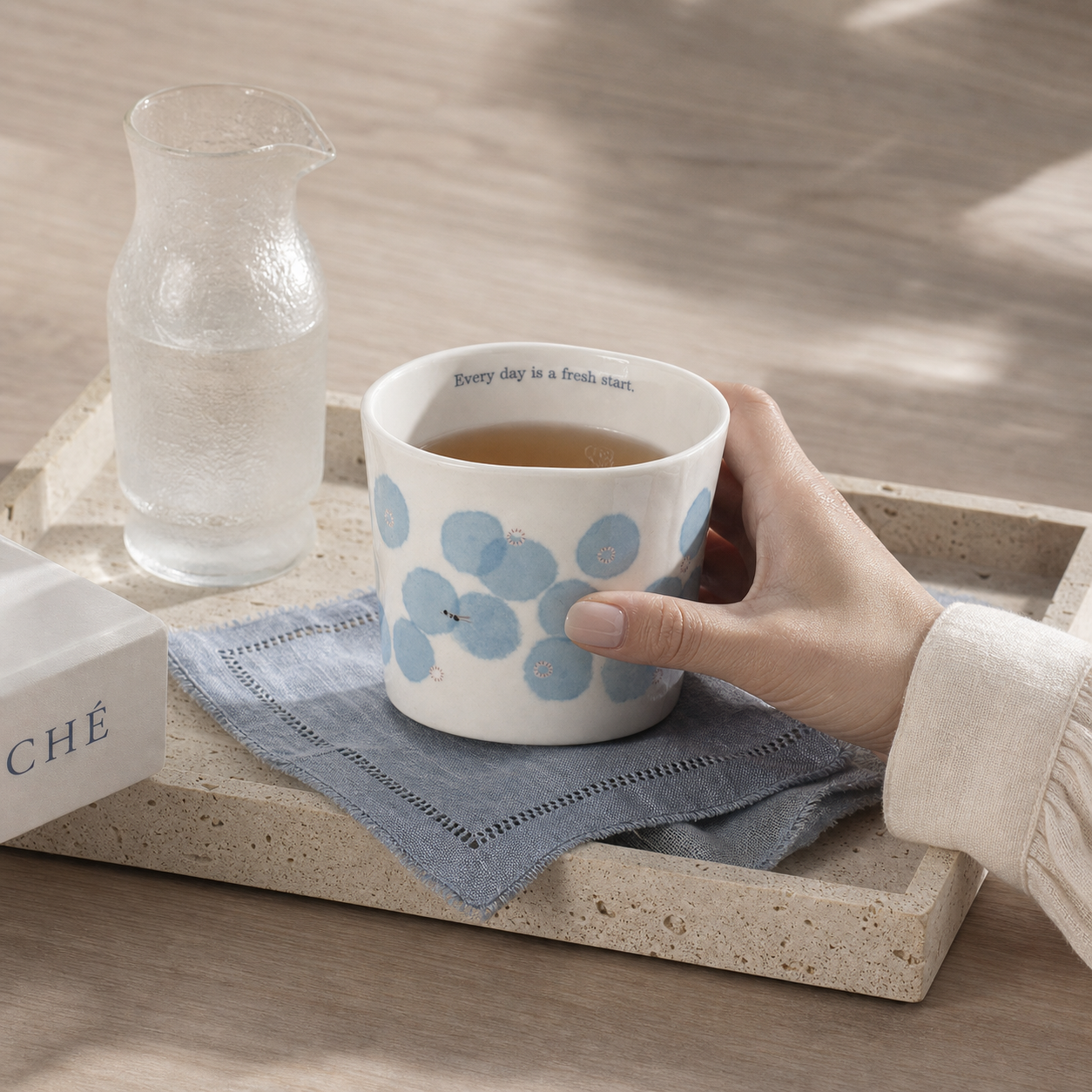 Blue Floral Ceramic Cup, 210ml Japanese Style Handleless Coffee Mug, Minimalist Tea Cup for Latte & Milk